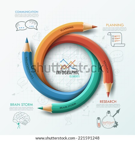 Modern infographic template with 4 curved colorful pencils and hand drawn sketches on paper background.  Vector. Can be used for web design and  workflow layout