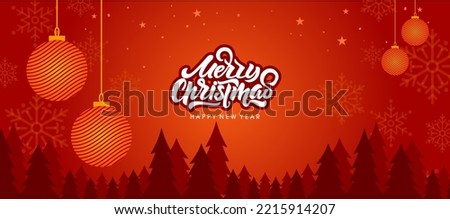 Christmas banner design with flat style red theme. Merry Christmas and Happy New Year celebration banner design in vector illustration using glowing Christmas ball and Pine tree with modern design.