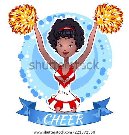 Pretty African American girl. Cheerleader with Pom Poms. Vector clip-art illustration on a white background.