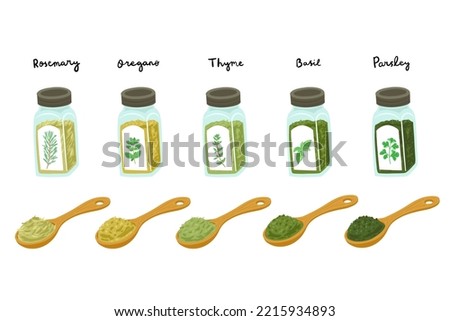 aromatic herbs of italian seasoning in bottles Royalty-Free Stock Photo #2215934893