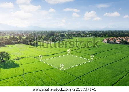 Land plot in aerial view. Gps registration survey of property, real estate for map with location, area. Concept for residential construction and development. Also home, house for sale, buy, purchase,  Royalty-Free Stock Photo #2215937141