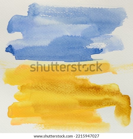 Watercolor flag of Ukraine. Yellow and blue colors. The national symbol of the country. Colorful strokes painted by hand with paints and a brush on paper. Stylish square banner or background. UA.