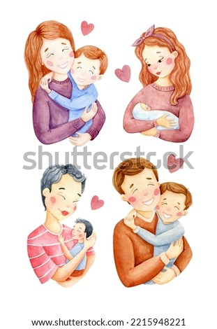 Family clip art set. Watercolor illustrations with kids and parents isolated on white background. Mother, father, child clipart collection. Mother's day, Father's day design. Family boho print, poster
