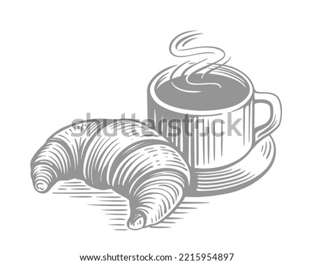 Coffee and croissant engraving vector.