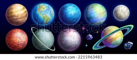 watercolor illustration, space clip art. Collection of colorful solar system planets asteroids and stars isolated on black background