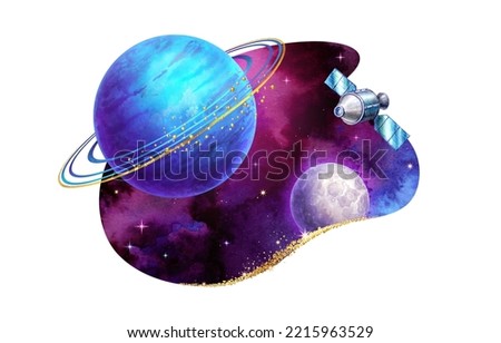 watercolor illustration. Curvy shape cosmic sticker with stars, blue neptune planet with rings and satellite. Space clip art isolated on white background