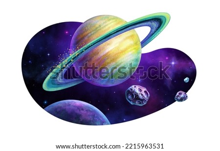 watercolor illustration. Curvy shape cosmic sticker with stars, saturn planet with rings, asteroids. Space clip art isolated on white background