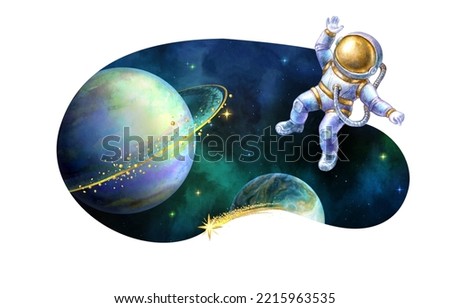 watercolor illustration. Curvy shape cosmic sticker with stars, planets, spaceman and golden comet. Space clip art isolated on white background