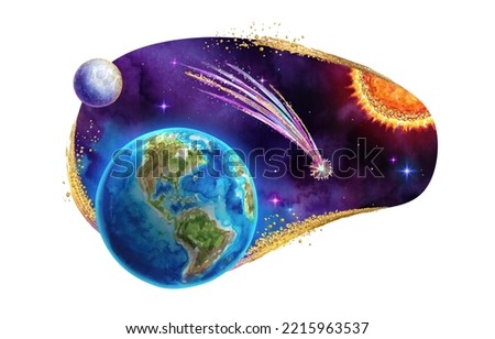 watercolor illustration. Curvy shape cosmic sticker with Earth planet, moon, colorful comet and sun. Space clip art isolated on white background