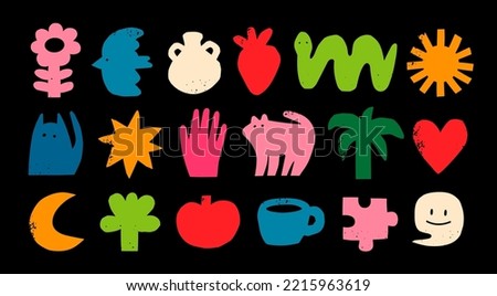 Various abstract elements. Cat, bird, flower, snake, cup, moon, heart, jug. Quirky shapes. Hand drawn doodles. Contemporary trendy Vector illustration. Set of colored icons. All elements are isolated