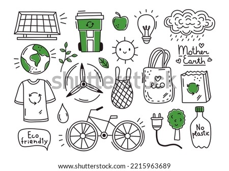Vector set of simple ecology doodles. Alternative energy, nature protection, water and air pollution, trash recycle, green technology illustrated in child sketch style. Cute outline eco drawings 