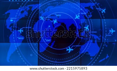 Simulation screen showing various flights for transportation and passengers. Royalty-Free Stock Photo #2215975893
