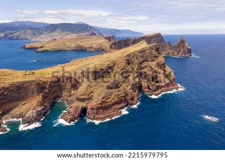 Drone photography of mountain cliff near sea during summer day in Madeira island