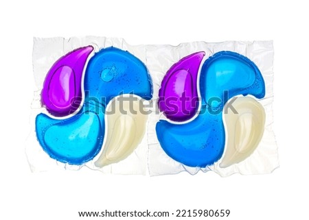 capsules with colored gel for washing on a white background