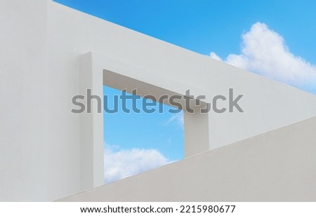 Wall texture of concrete with open window against blue sky and clouds, A part of Exterior  White cement building, Ant view Minimal Modern architecture. with summer sky, Minimal design