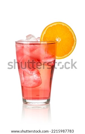 red drink with ice cubes and orange slice on white background, isolated