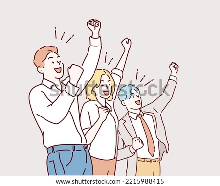 Looks like win. Team workers smiling and raising hands up. Hand drawn style vector design illustrations. Royalty-Free Stock Photo #2215988415