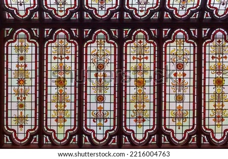 Vintage stained glass ceiling window. Beautiful design and colors.