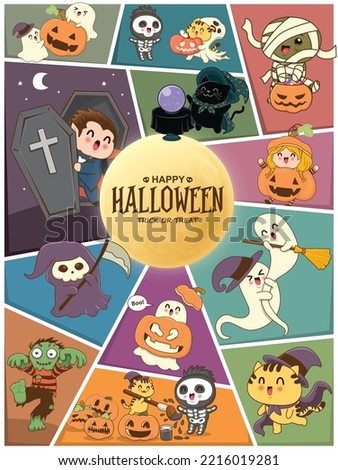 Vintage Halloween poster design with vector vampire, mummy, reaper, jack o lantern, reaper character. 