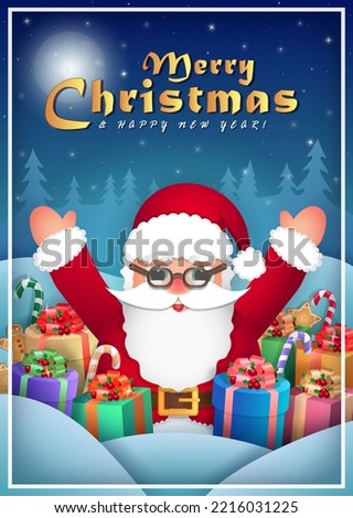Cute cartoon Santa Claus in the middle of gifts and sweets with his hands up. Vector holiday greeting card with Santa and decorations - presents and candy, cookie. Xmas character on winter background.