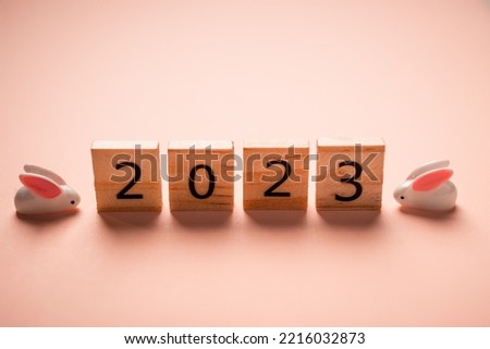 2023 text on wooden blocks with a rabbit zodiac doll concept background. Resolution, plan, review, goal, start, end year, and New Year holiday