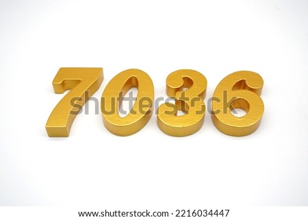  Number 7036 is made of gold-painted teak, 1 centimeter thick, placed on a white background to visualize it in 3D.                              