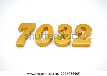 Number 7032 is made of gold-painted teak, 1 centimeter thick, placed on a white background to visualize it in 3D.                               