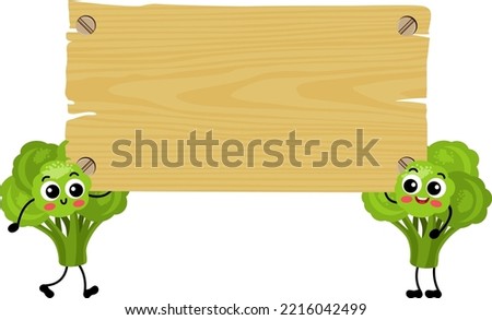 Two funny green broccolis mascot holding a empty wooden signboard

