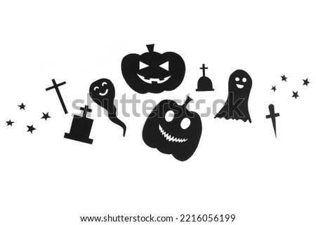 Happy halloween, pumpkin smile, ghost ,christian cross and grave make from black paper cut on white background, Decorative Halloween concept
