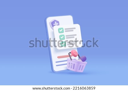 3d pharmacy with first aid kit and medical equipment. Medicine order check list with 3d mobile phone and shopping bag of healthcare pharmacy. 3d drug store and medicine icon vector render illustration Royalty-Free Stock Photo #2216063859