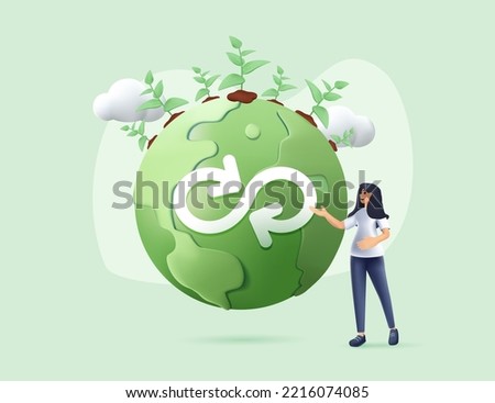 Circular economy 3D render illustration set. Future Sustainable economic growth with renewable energy. Save natural resources. Eco Green energy, sustainable industry and manufacturing concept. Planet