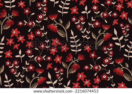 Seamless floral pattern, cute ditsy print with decorative vintage meadow, small wild flowers. Cute flower design with hand drawn small flowers, leaves on dark background. Vector botanical illustration