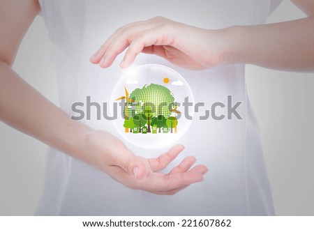 Woman hands over body hold eco friendly earth inside bubbles