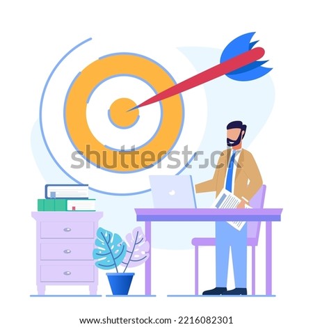 Vector illustration of Goal Achievement Concept. The Entrepreneur Team analyzes the digital target symbol on the screen. Mission Challenge Task Solution.