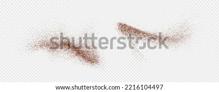 Flying coffee or chocolate powder, dust particles in motion, ground splash isolated on light background. Vector illustration. Royalty-Free Stock Photo #2216104497