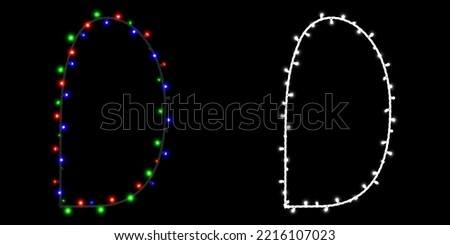 Letter D made of electric garland with colored lights on black background with clipping mask, 3d rendering