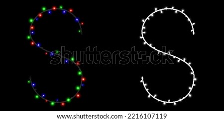 Letter S made of electric garland with colored lights on black background with clipping mask, 3d rendering