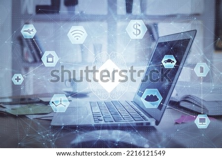 Double exposure of computer and technology theme drawing. Concept of innovation. Royalty-Free Stock Photo #2216121549