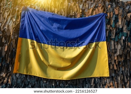 Flag of Ukraine on camouflage net. Symbol of independent Ukraine.