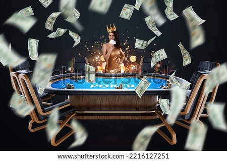 Croupier girl at the poker table, poker room. Poker game, casino, Texas hold'em, online game, card games. Modern design, magazine style Royalty-Free Stock Photo #2216127251