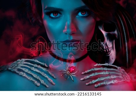 Collage photo of scary enchantress lady occulting spooky death character on cyber abstract light color background
