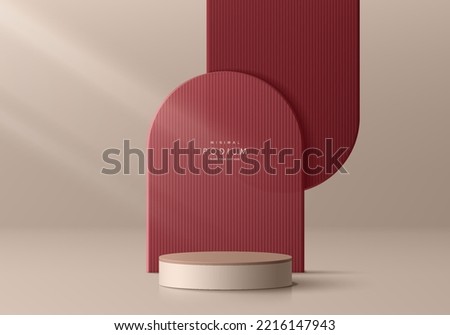Realistic 3D beige cylinder pedestal podium with red maroon vertical pattern in arch shapes layers background. Vector abstract geometric forms. Minimal scene mockup products display. Stage showcase. Royalty-Free Stock Photo #2216147943
