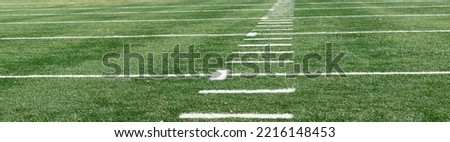 Green synthetic turf field on a clear autumn day with a shallow depth of field and copy space