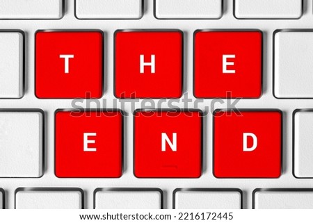 THE END is the inscription on the computer keyboard. The concept of ending, stopping, ending work, streaming, chatting, graduation.