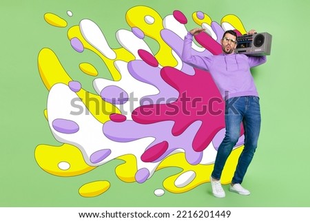 Creative poster collage of active lady guy dj energetic party hold retro vintage tape recorder boombox have fun discotheque paint splashes