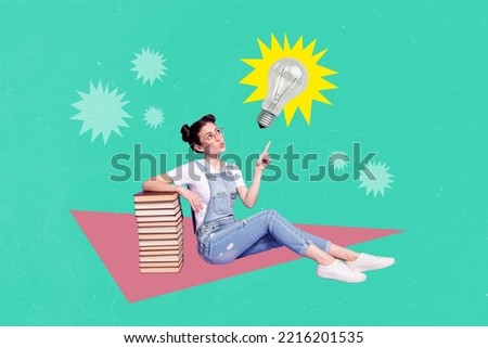 Creative drawing collage picture of genius smart student young woman pupil pile book have excellent idea knowledge power eureka solution Royalty-Free Stock Photo #2216201535