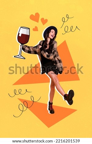 Exclusive magazine picture sketch image of smiling happy lady walking dancing enjoying wine isolated painting background