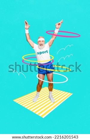 Creative drawing collage picture of funny positive energetic retired old man sportswear fitness coach athlete gymnast rotate hulahoops
