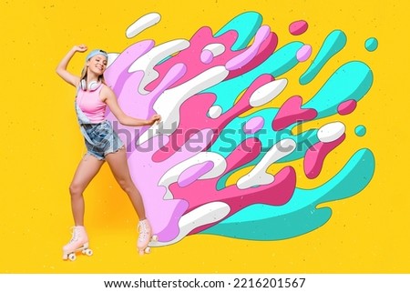 Composite collage image of energetic beautiful young woman roller have fun colors explosion melting surrealism splashes enjoy summer