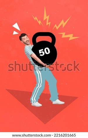 Photo artwork minimal picture of funny funky guy carrying big huge weight isolated drawing background